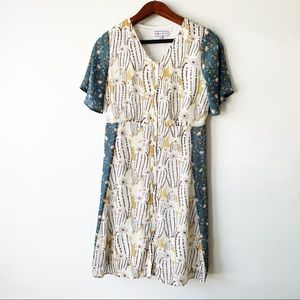 Piper & Scoot Floral Yellow Dress V-Neck Button Up Shift Size XL Slimming Look